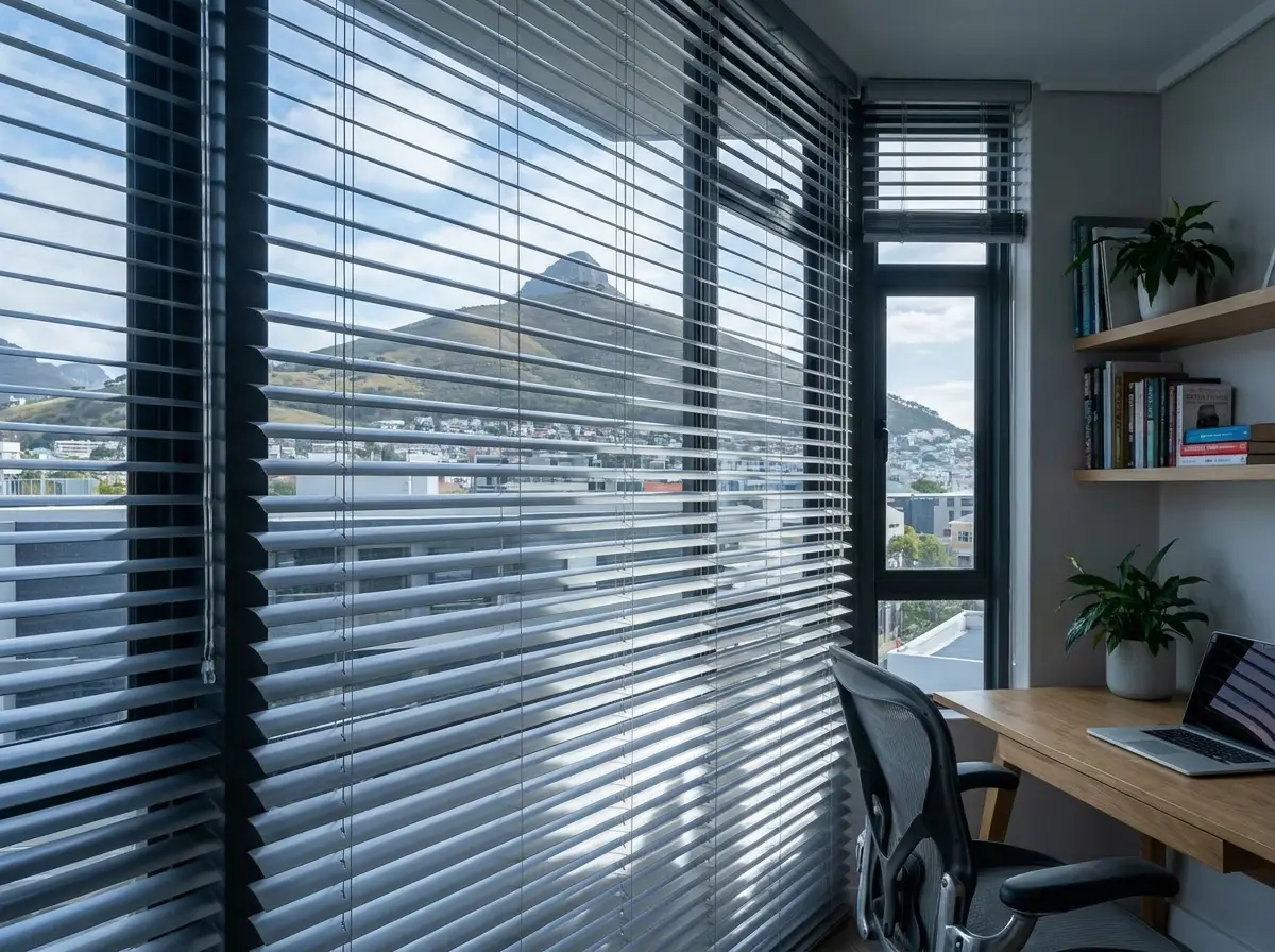 Aluminium venetian blind tilted open over a Green Point home-office window, Signal Hill visible through the slats