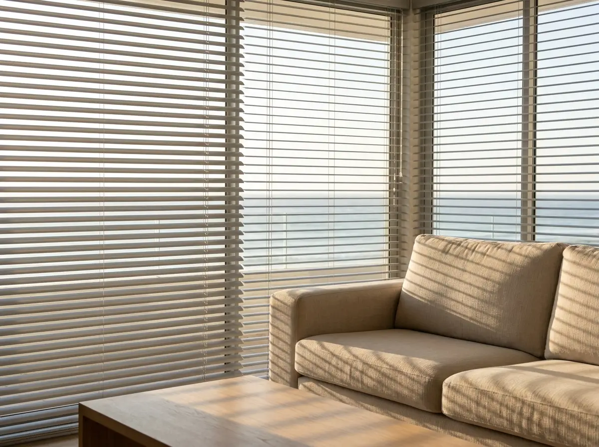 Aluminium venetian blind slats filtering bright sea-facing light in a Mouille Point living room