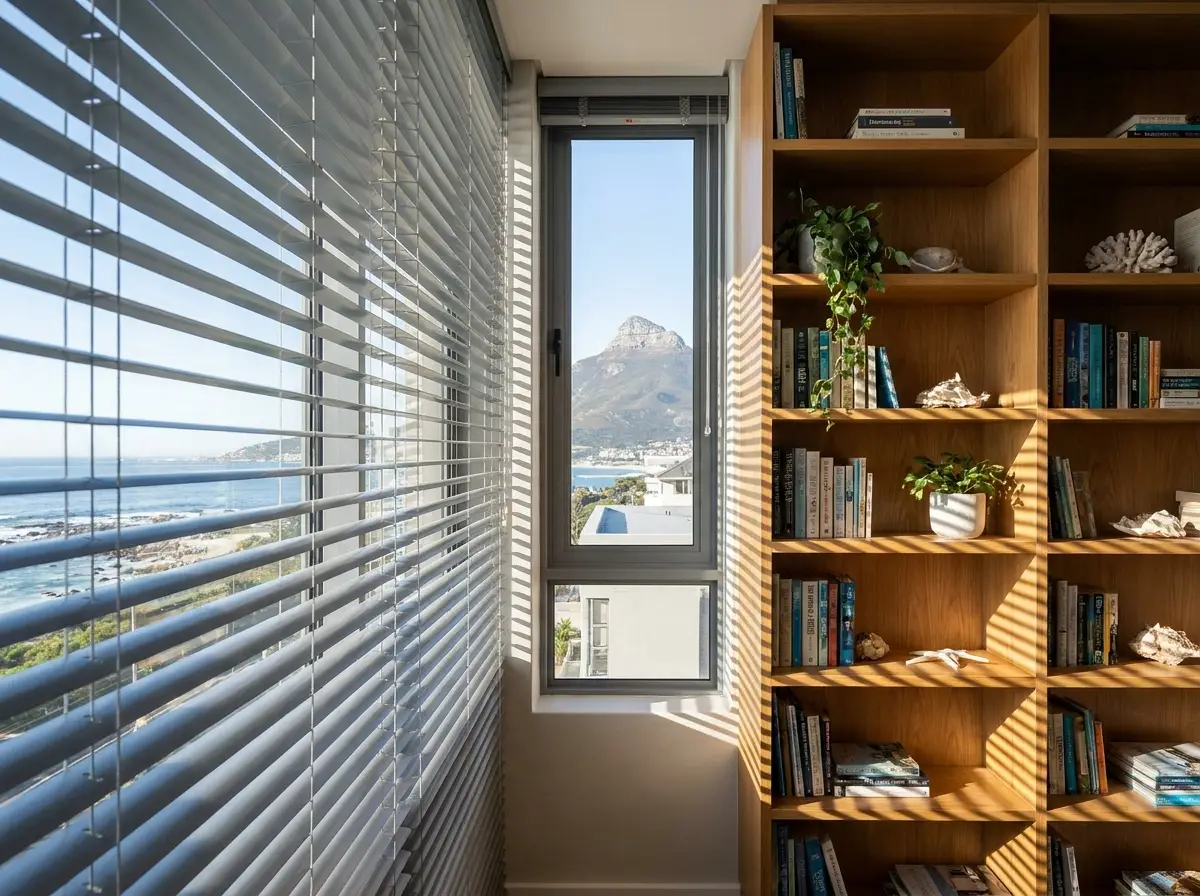 Aluminium venetian blind slats streaking afternoon light across a narrow study window