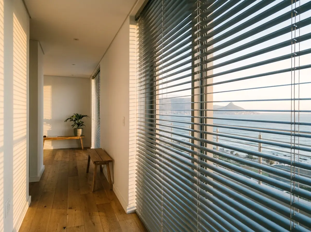 Aluminium venetian blind slats angled over a hallway window, soft raking evening light