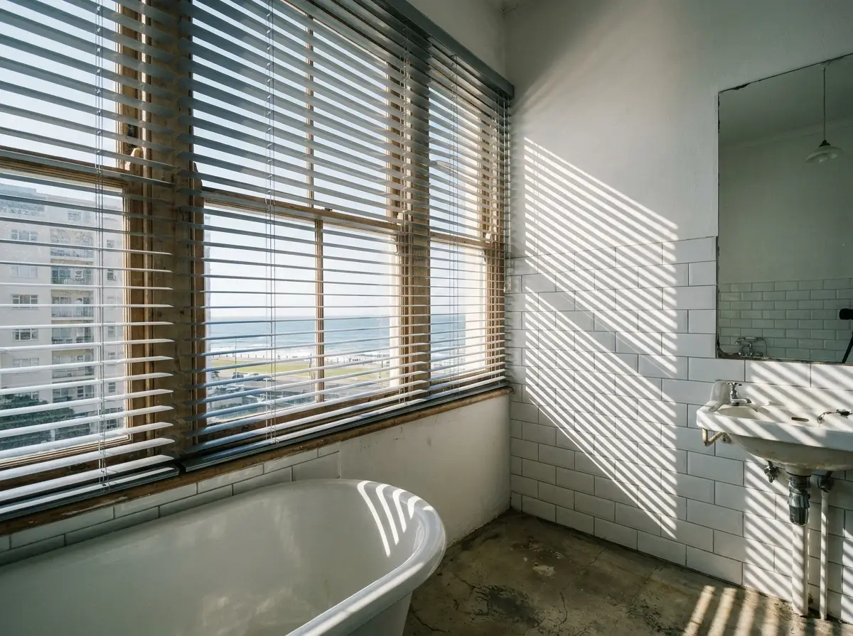 Aluminium venetian blind slats tilted half-open over a bathroom window, crisp striped shadows on white tile