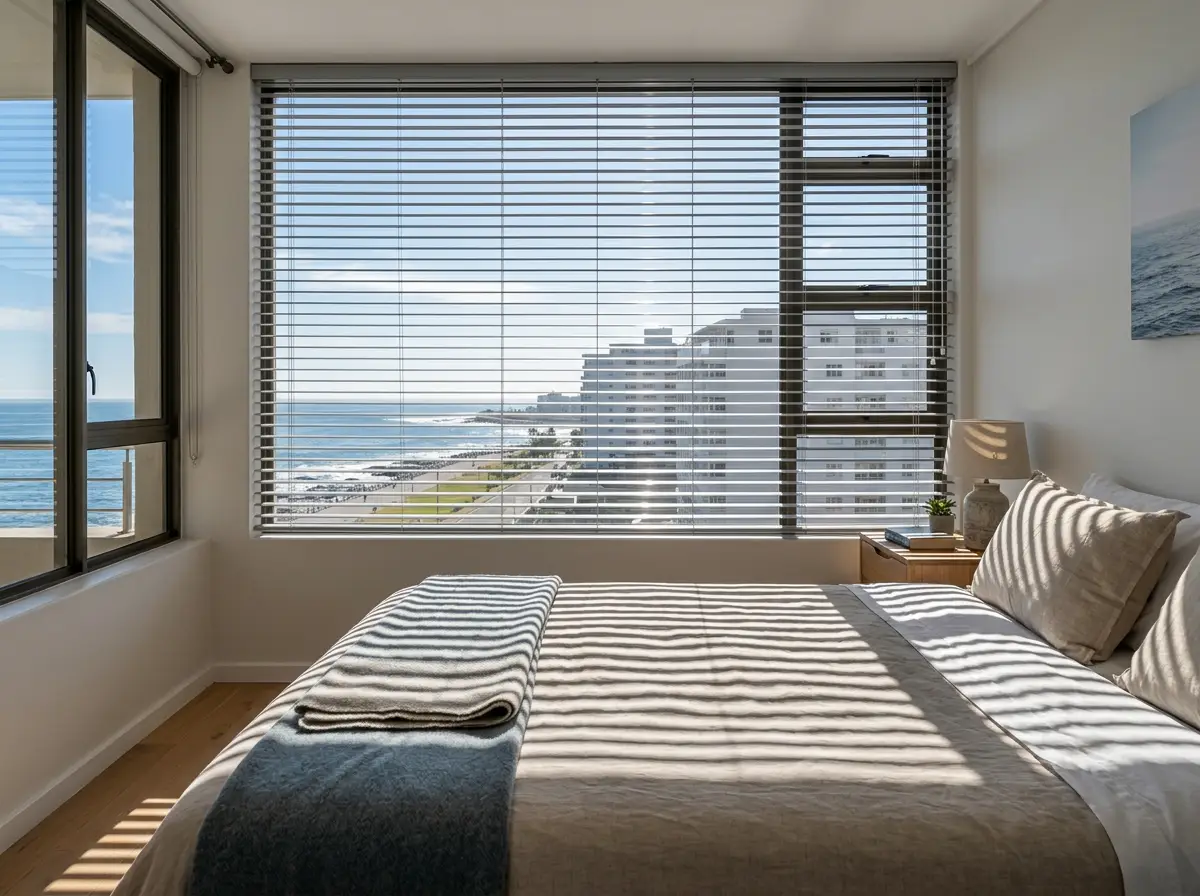 Aluminium venetian blind slats tilted over a Sea Point bedroom window, crisp shadow lines across the bedspread