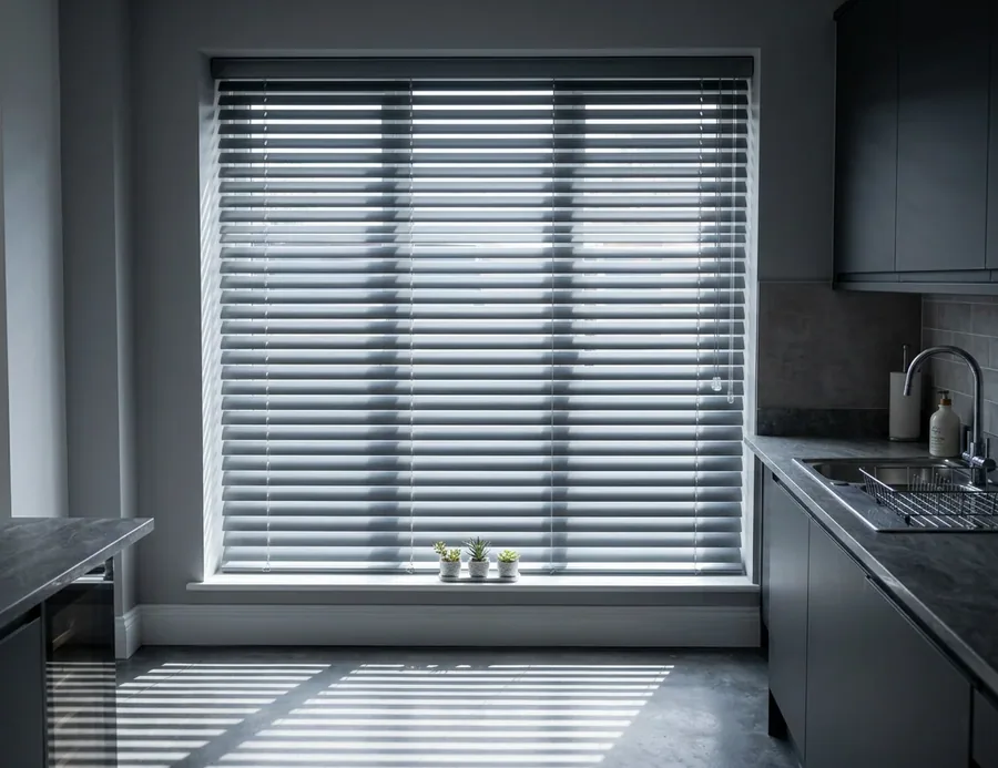 Aluminium venetian blind with horizontal slats tilted over a kitchen window