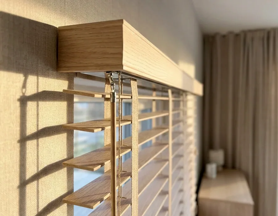 Timber venetian blind headrail, cords and tapes — the parts a blind repair puts right