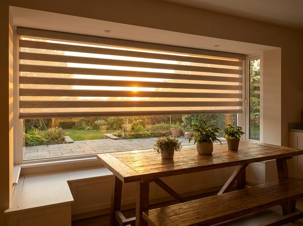 Day/night banded blind over a dining nook window, warm golden evening glow