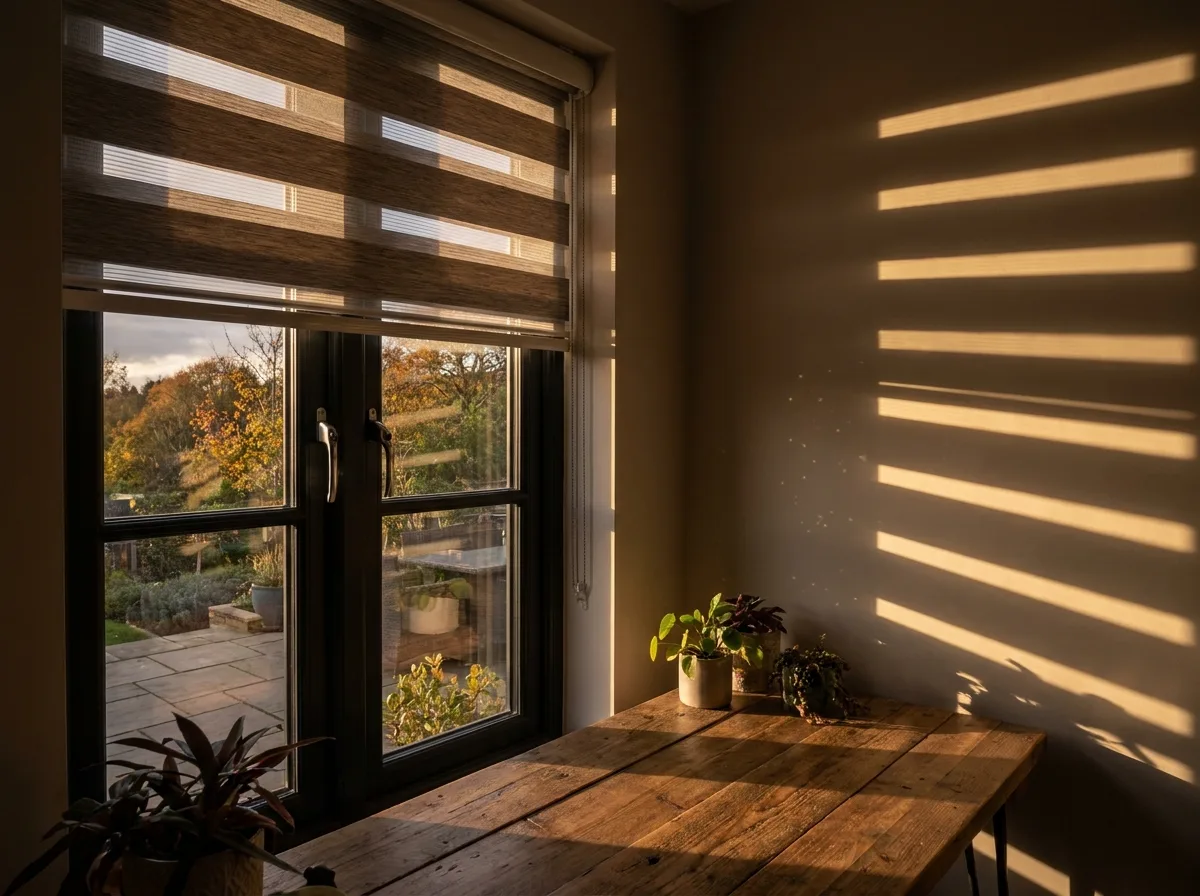 Zebra-style day/night blind half-open on a home office window, low western sun striping a desk