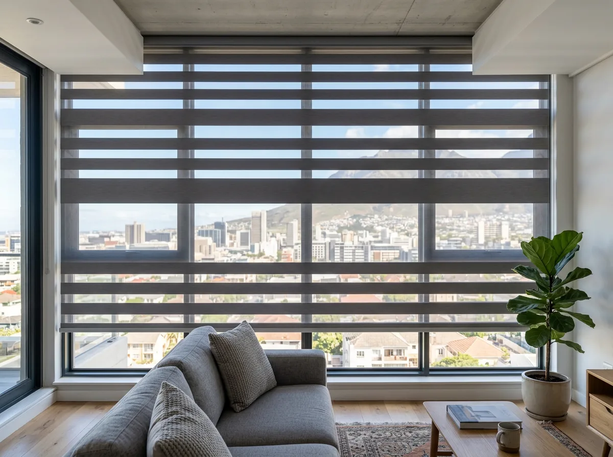 Day/night banded blind fully lowered across a bright open-plan lounge window, mountain view softened behind the bands