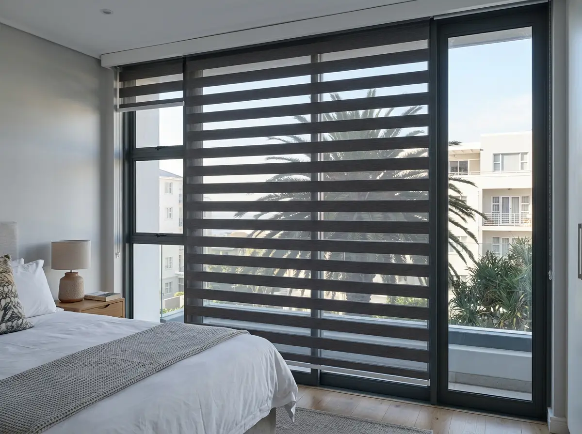Day/night banded blind fully lowered over a Green Point bedroom window, palm silhouette softened through the bands