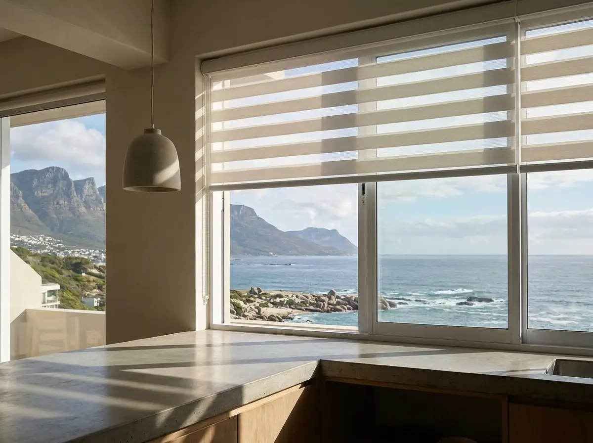 Day/night zebra blind partially raised over a kitchen window, soft afternoon light through the bands