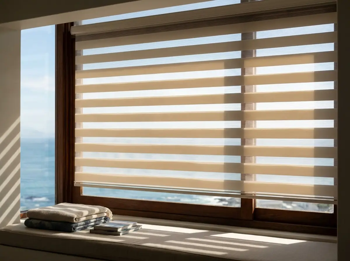 Day/night blind half-lowered over a reading-nook window, ocean glimpse through the sheer bands