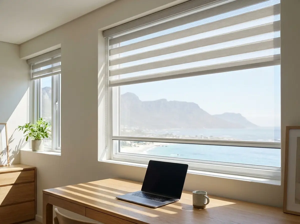 Day/night blind half-lowered over a Sea Point home office window, alternating bands filtering midday light