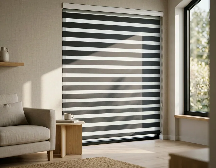 Day/night blind with alternating sheer and solid bands on a sunny window
