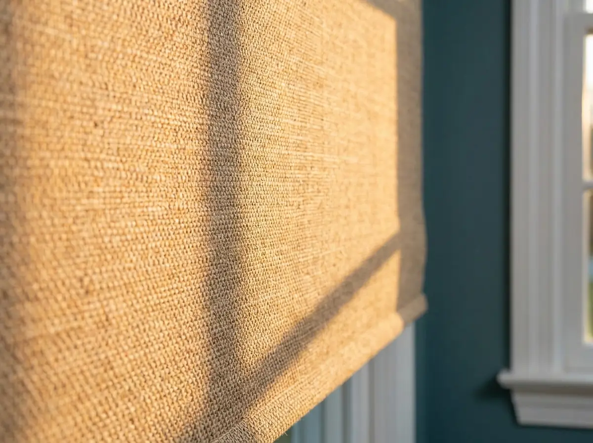 Close-up of woven blind fabric and hem bar catching late-afternoon light