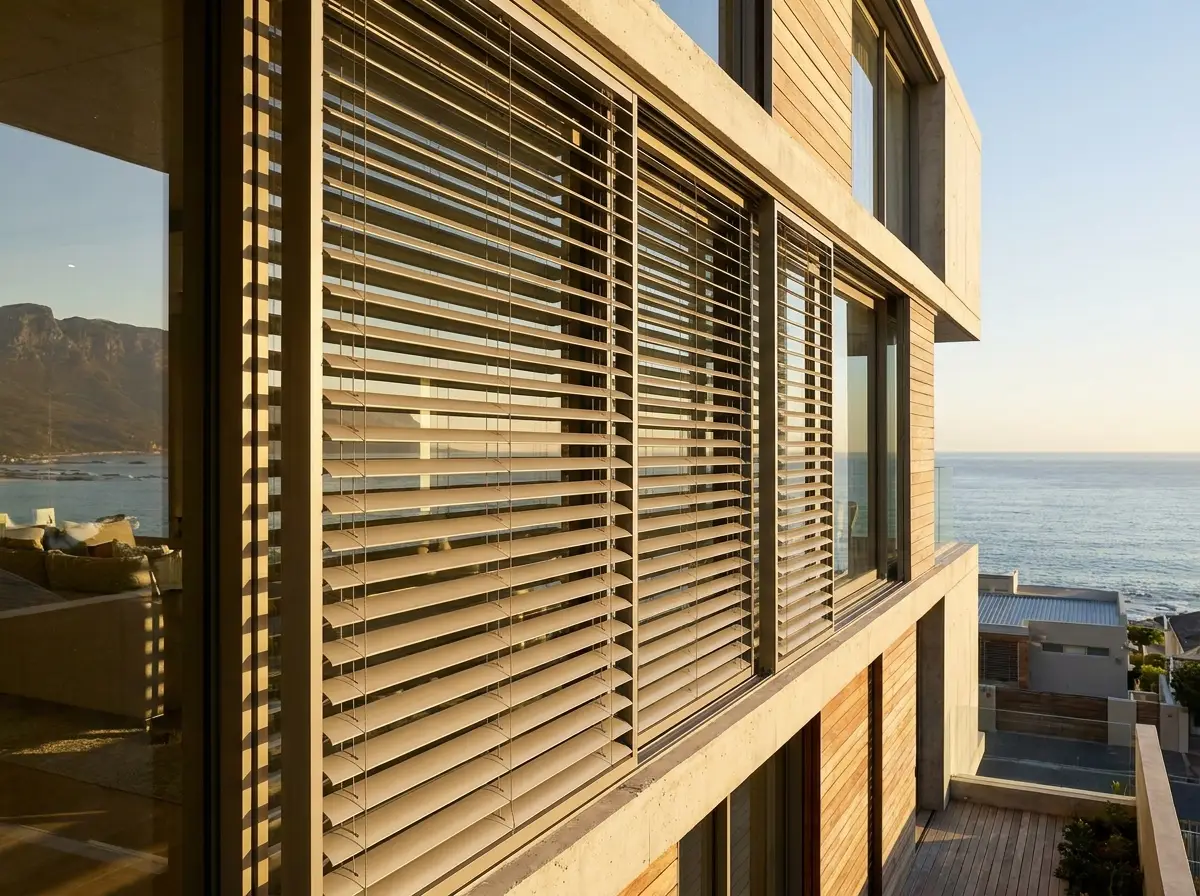 Exterior aluminium external venetian blinds shading a large window on a Cape Town apartment facade, sea in the distance