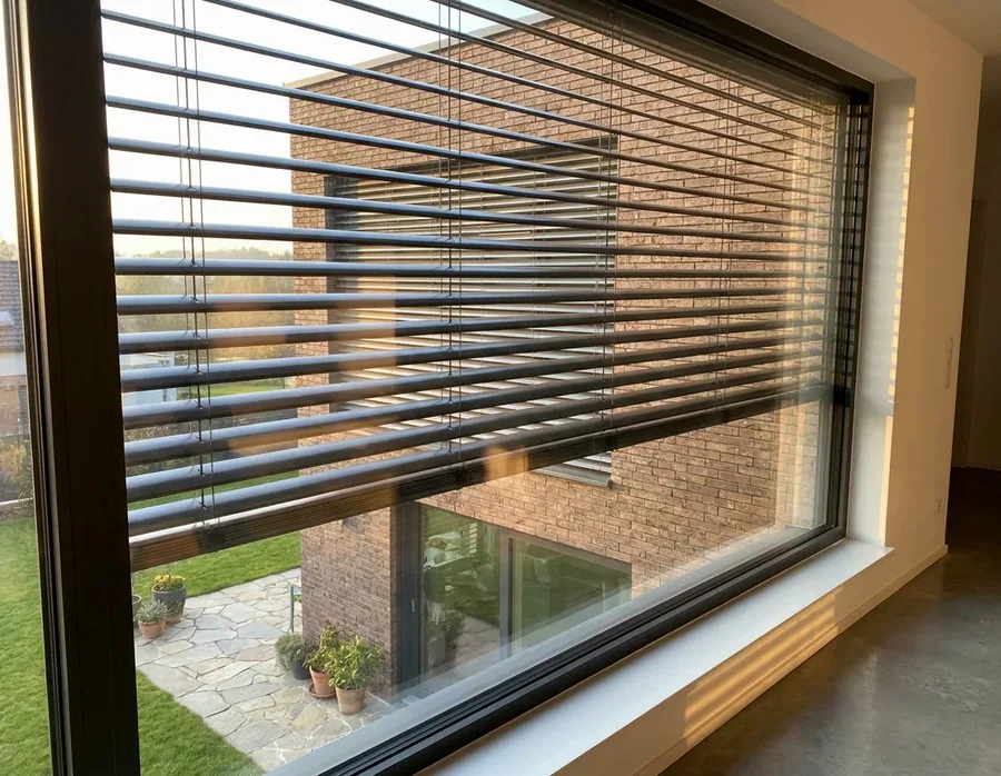 External venetian slats shading a wide window wall from low western sun