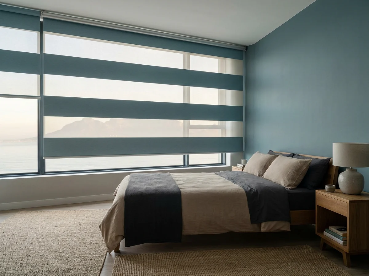 Day/night double-roller blind with alternating sheer and solid horizontal bands over a Sea Point apartment window, striped sea and mountain view showing through