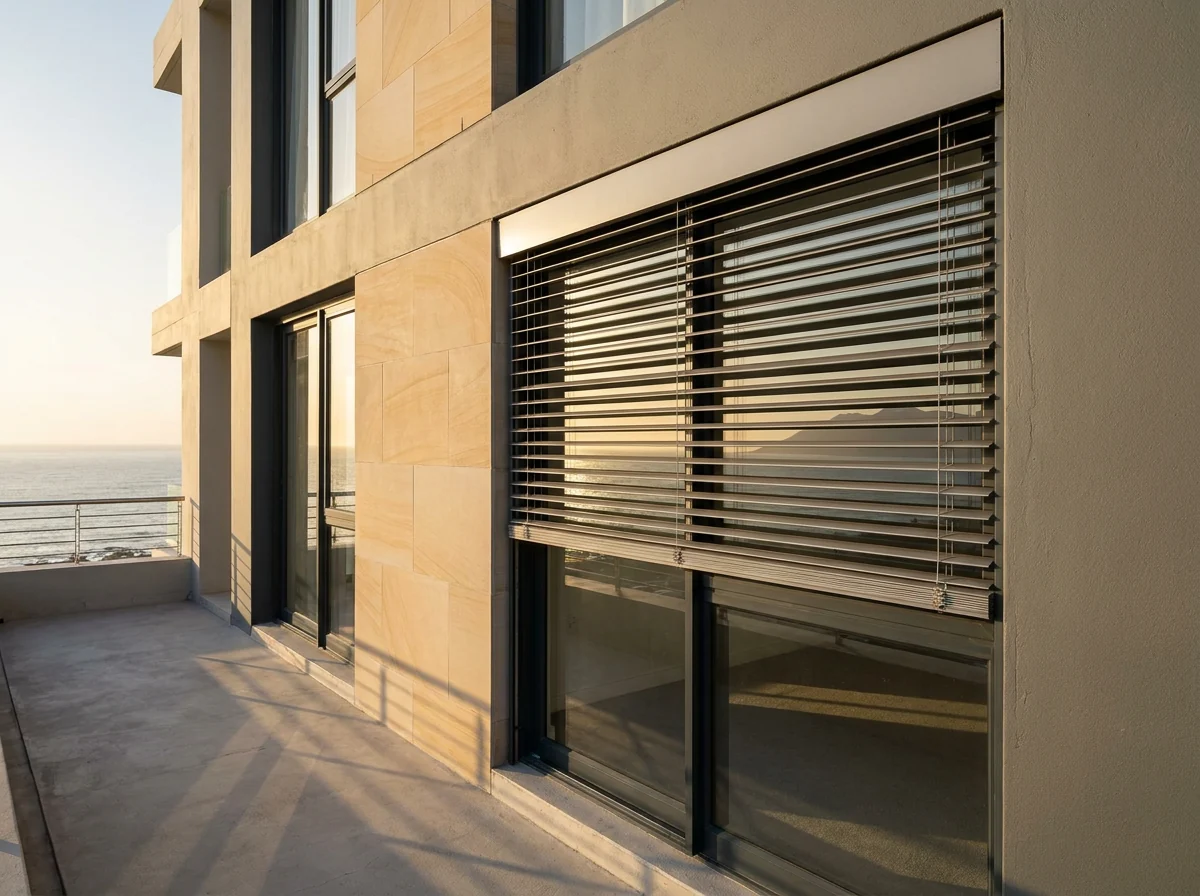 External venetian blinds mounted on the outside of a west-facing Cape Town apartment window, aluminium slats tilted to throw shade across the glass with the ocean beyond