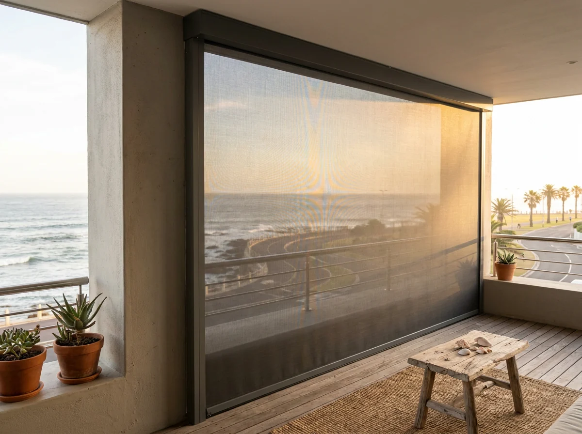 Zip screen with tensioned mesh in zipped side channels enclosing a Sea Point apartment balcony against the wind, ocean and promenade visible through the mesh