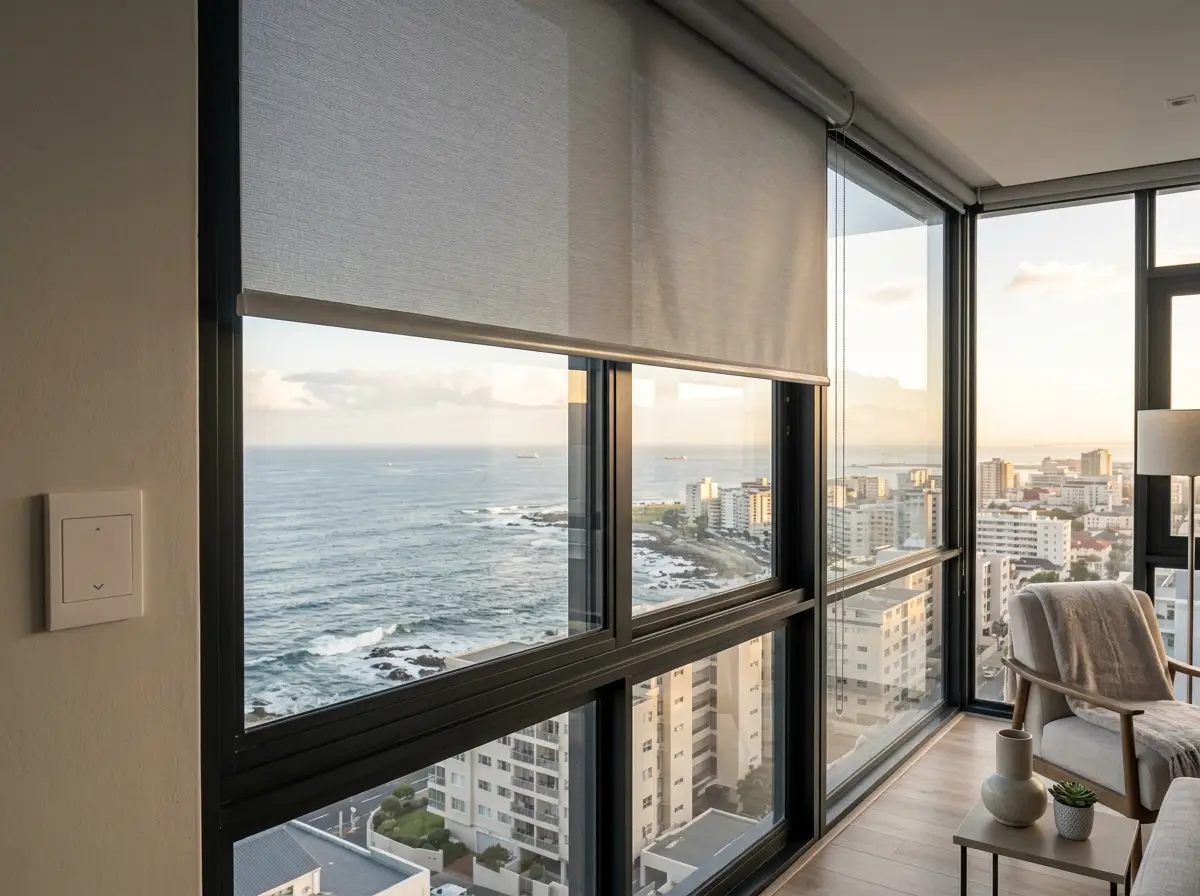 Motorised roller blind gliding closed mid-motion in a Sea Point living room, wall control switch beside the window