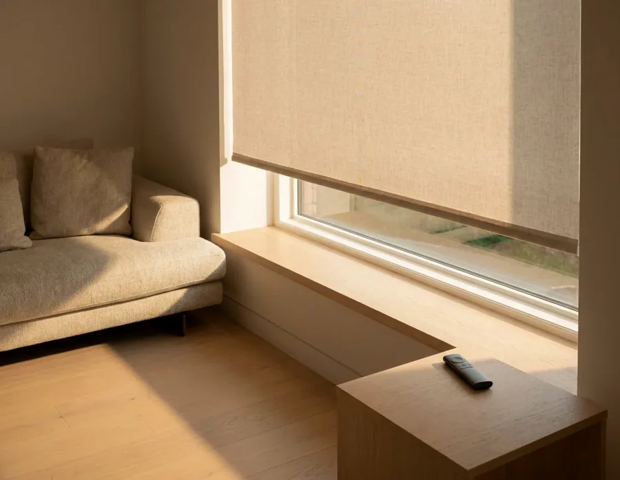 Sunscreen roller blind half-lowered over a long window in warm evening light, remote on the side table