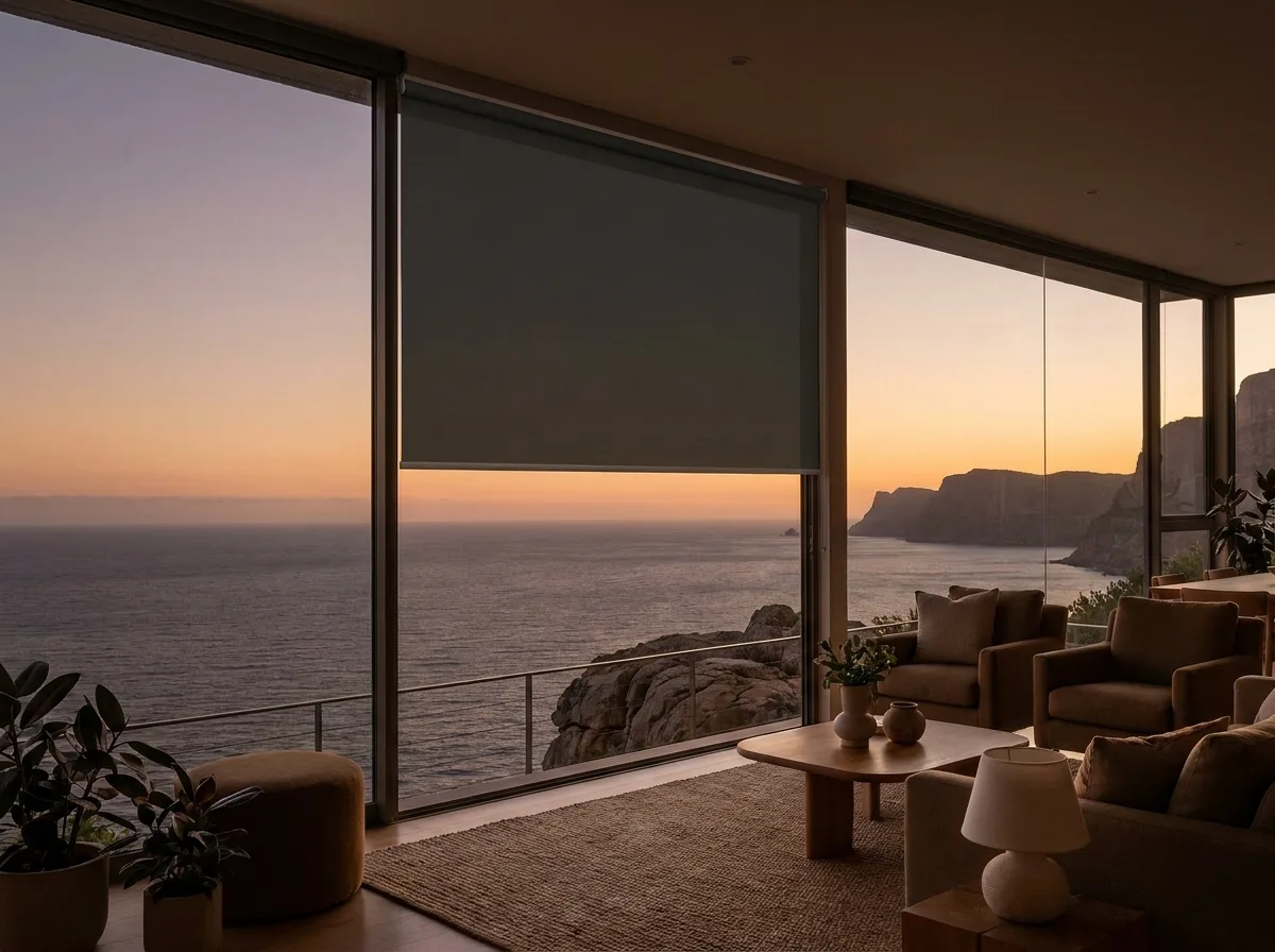 Charcoal blockout roller blind lowered over a cliffside apartment window at dusk, ocean at the edge of the glass