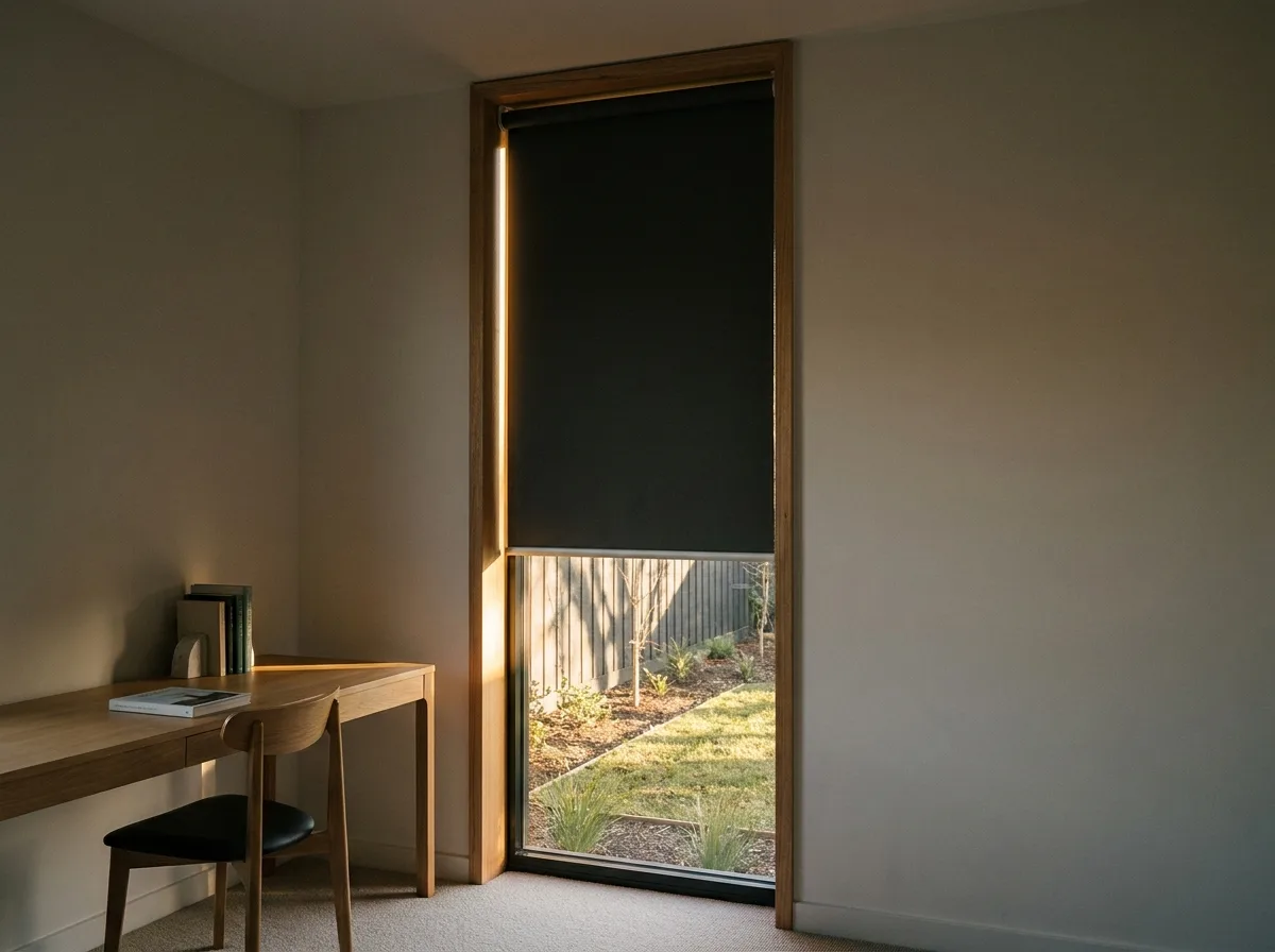 Charcoal blockout roller blind fully lowered in a minimalist study, low afternoon sun tracing the fabric edge