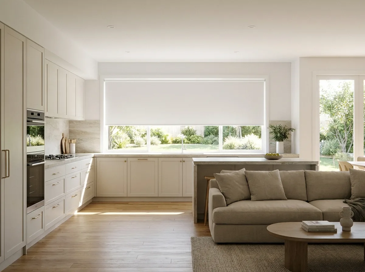 White blockout roller blind half-raised in a bright open-plan kitchen-lounge