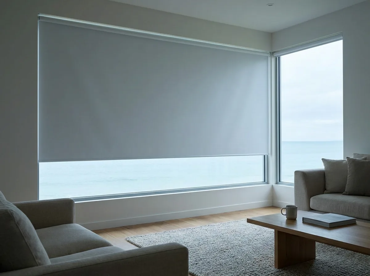 Pale grey blockout roller blind lowered over a wide corner window in a seafront living room