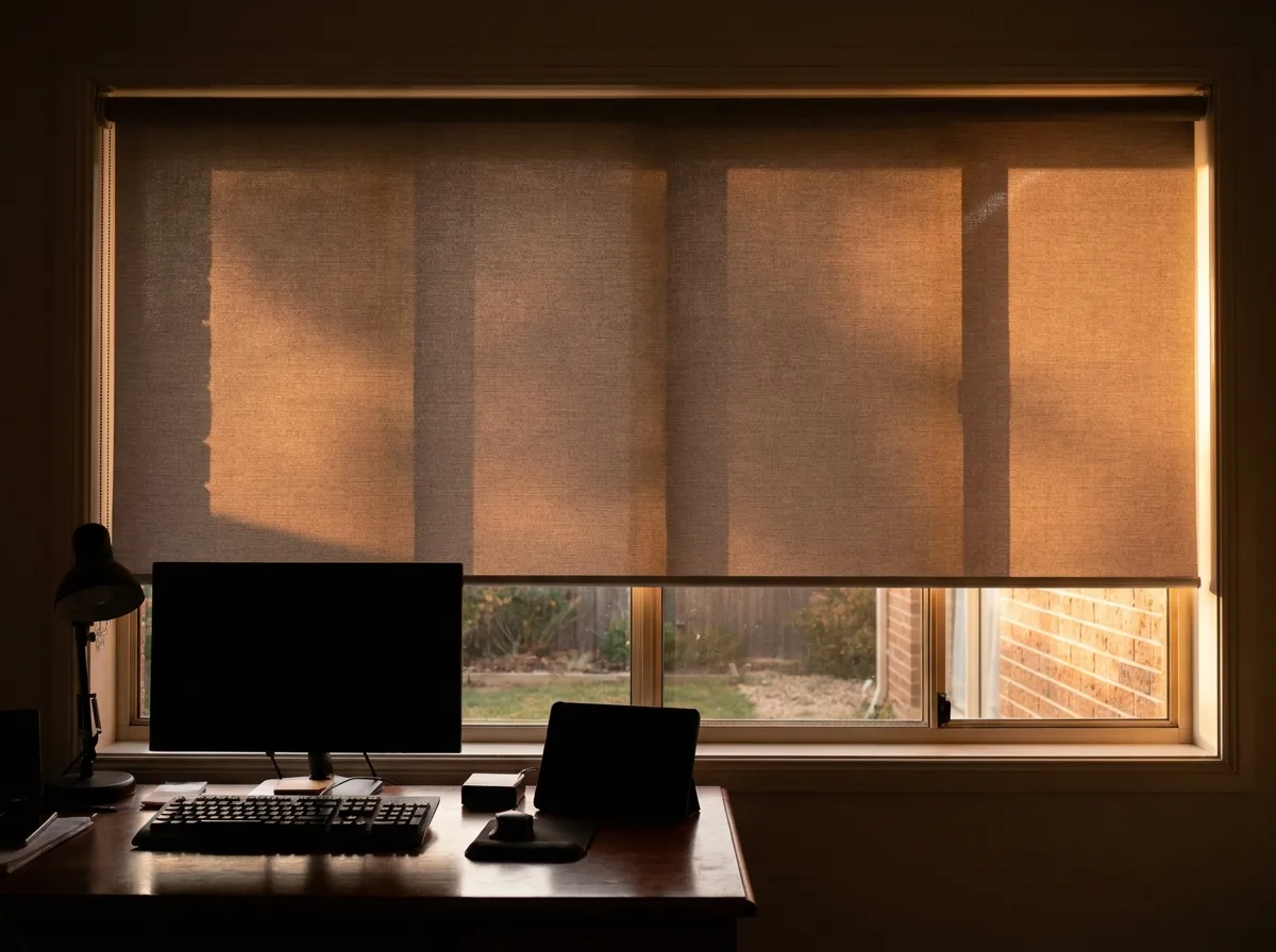 Taupe blockout roller blind lowered over a home office window, late-afternoon light