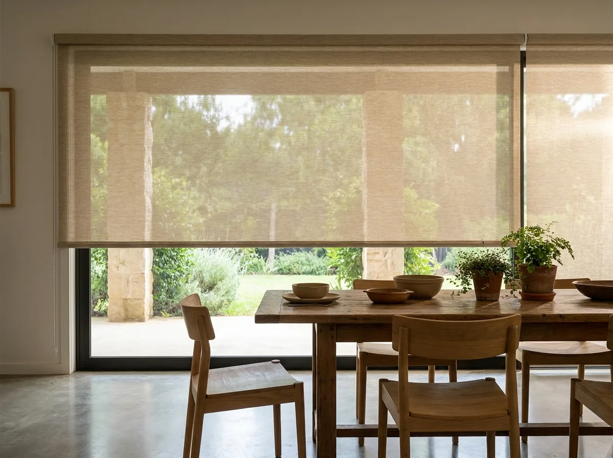 Sunscreen roller blind partially lowered over a dining room window, dappled filtered light