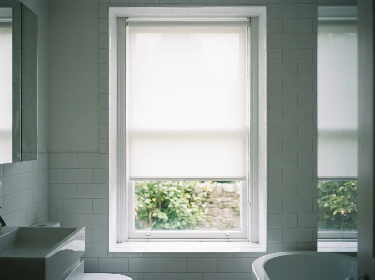 White blockout roller blind fully lowered over a narrow bathroom window
