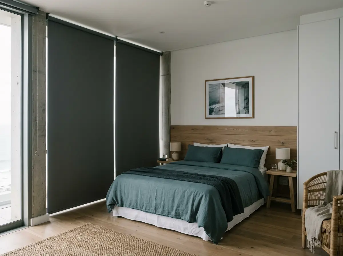 Sea Point apartment bedroom with charcoal blockout roller blinds over full-height glass