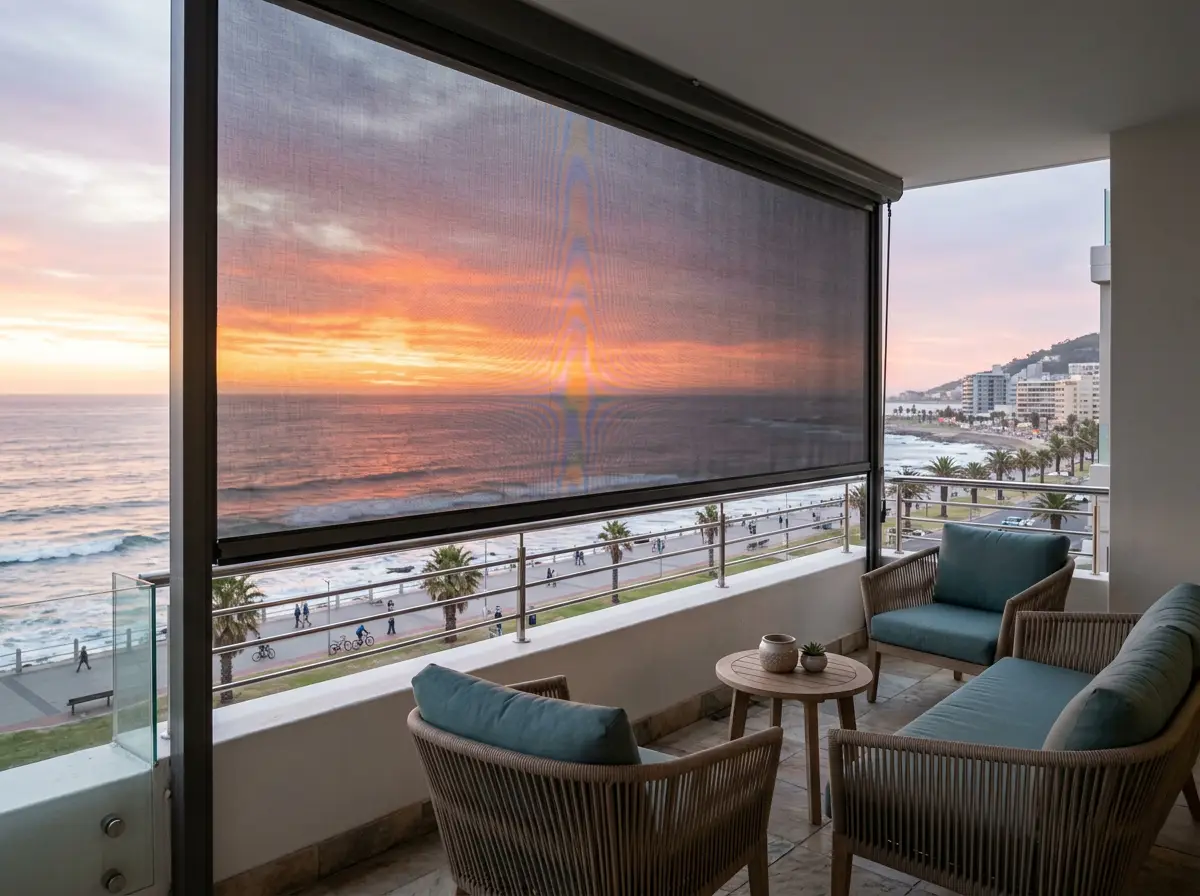 Exterior mesh screen shading a seafront balcony at sunset with the promenade below
