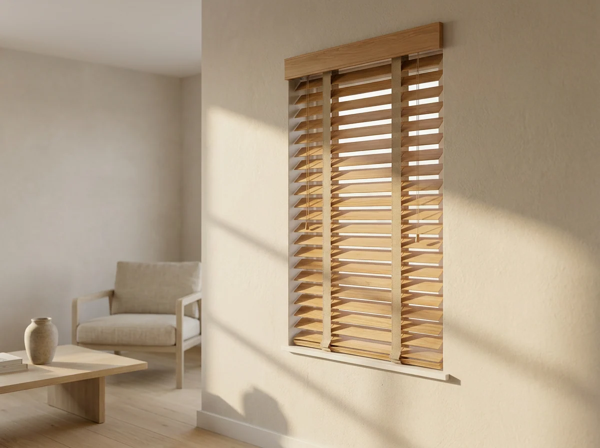 Timber venetian blind with woven tapes glowing in warm afternoon light