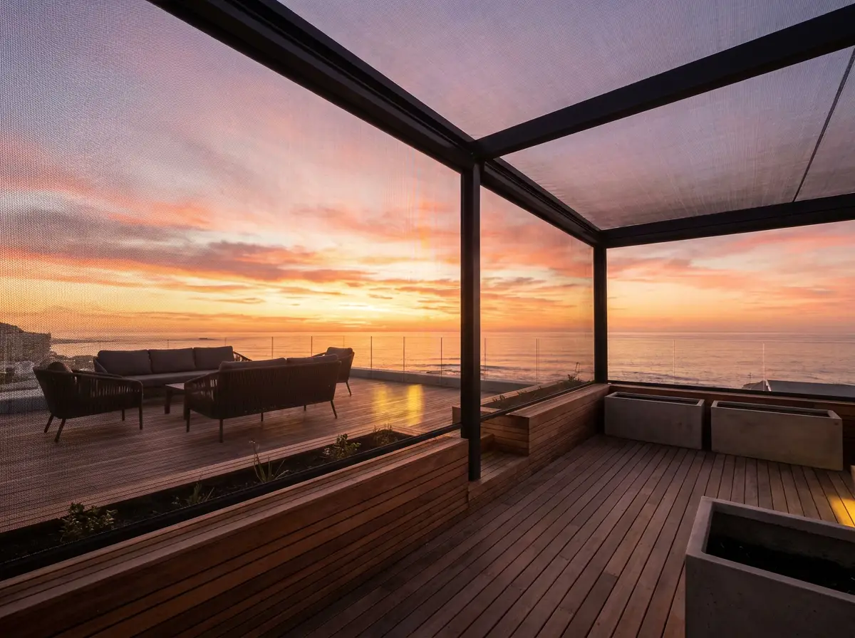 Zip screen mesh enclosing a rooftop deck framing a wide Sea Point ocean sunset