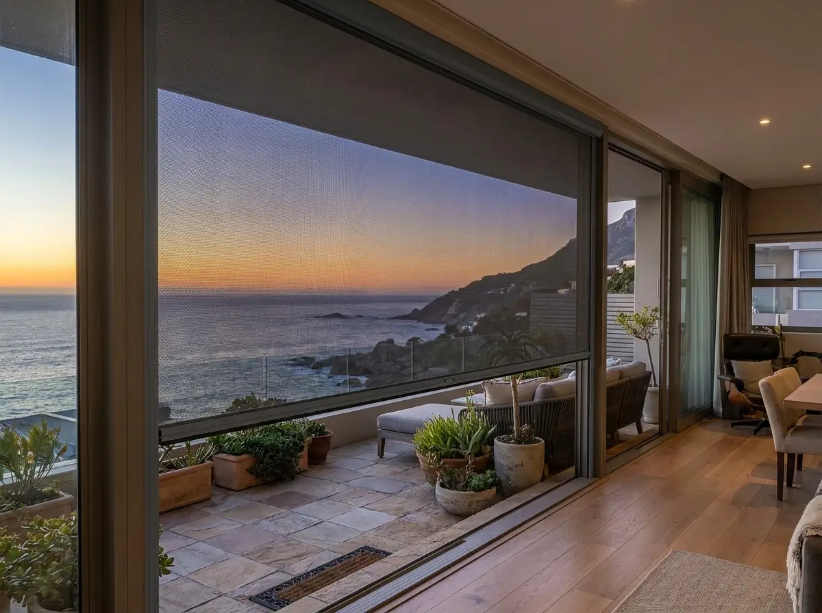 Zip screen mesh lowered across a cliffside patio in Bantry Bay, Atlantic Ocean visible beyond