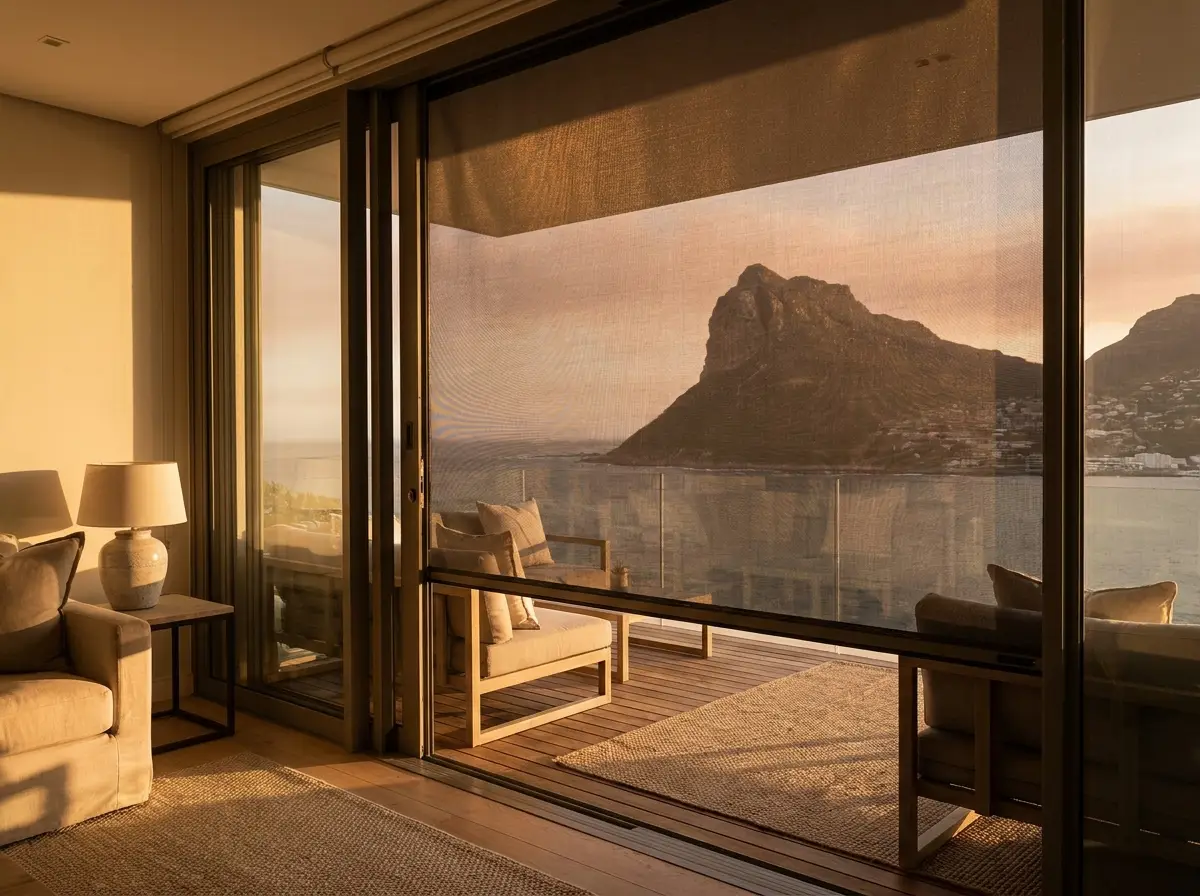 Zip screen mesh partially lowered across a Fresnaye balcony, Lion's Head visible through the weave
