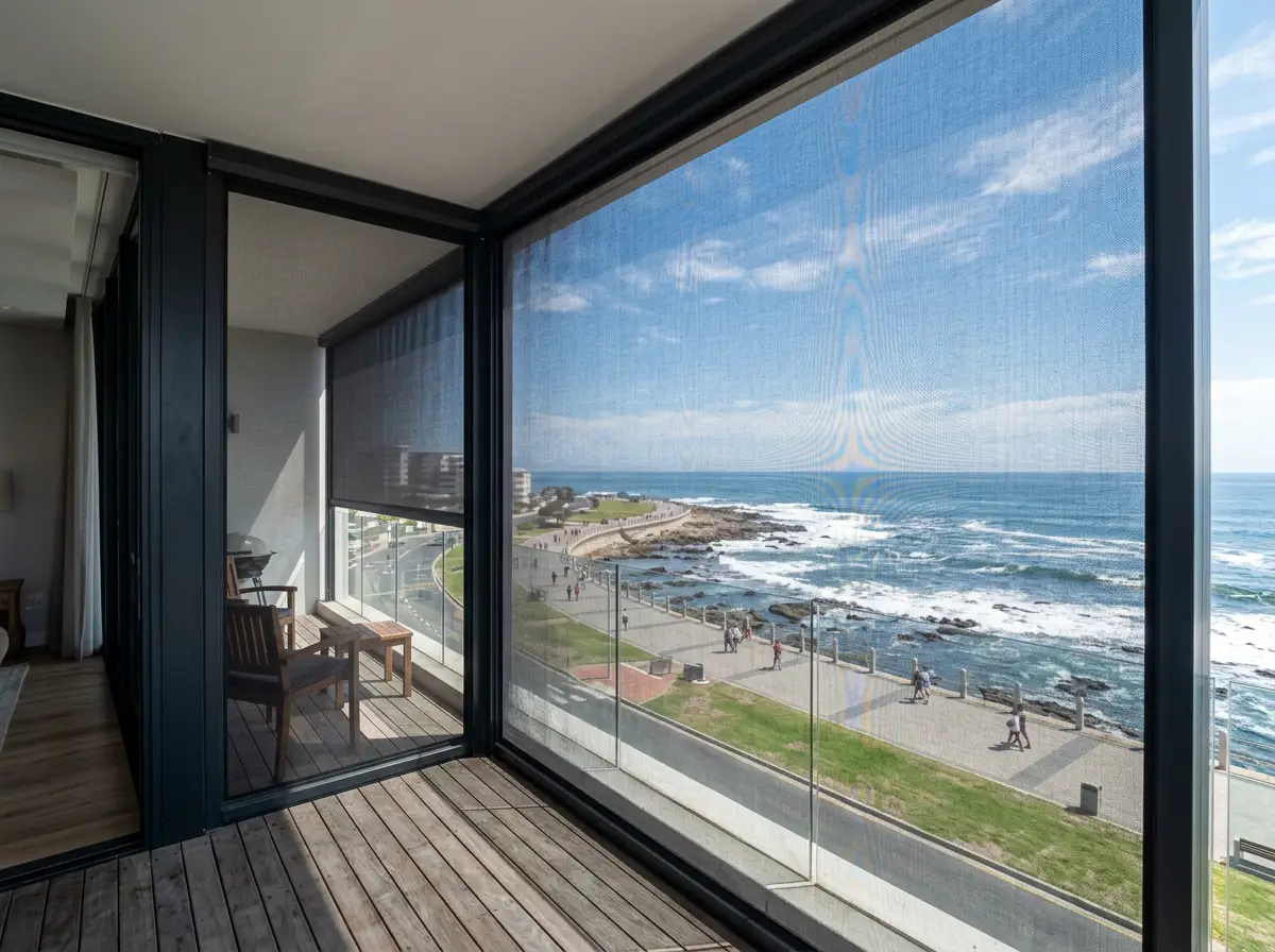 Zip screen mesh enclosing a seafront balcony in Mouille Point, promenade and ocean visible through the weave