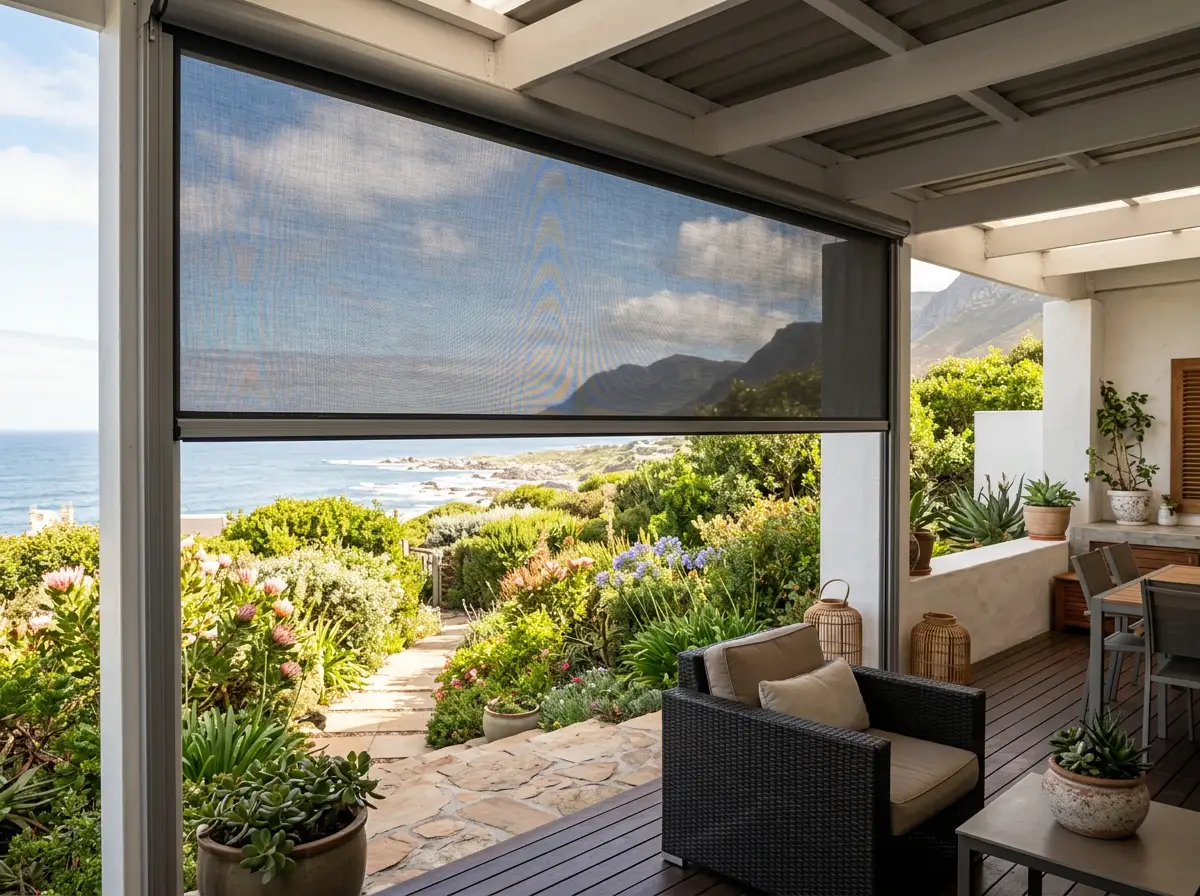 Zip screen mesh partially lowered over a covered patio, garden greenery through the weave
