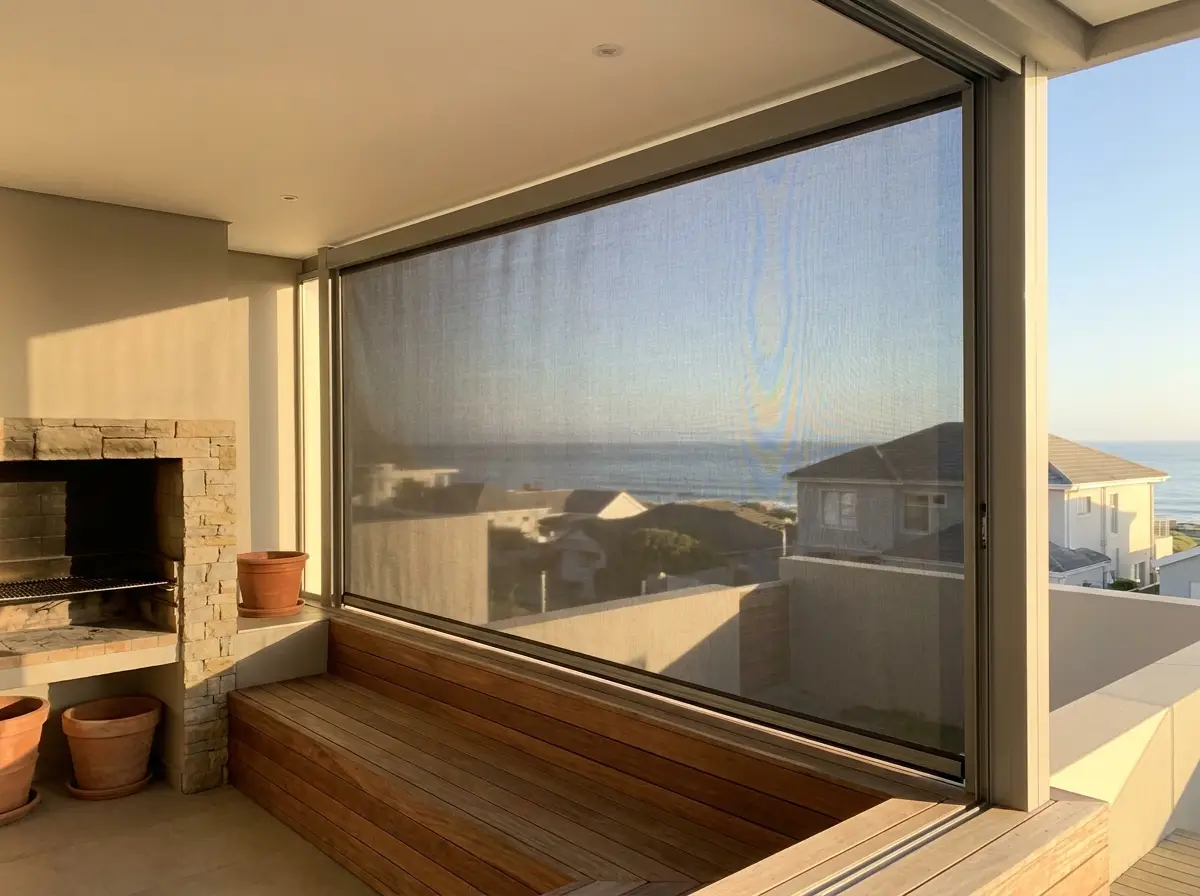 Zip screen mesh lowered across an outdoor braai area, shading the space from afternoon sun
