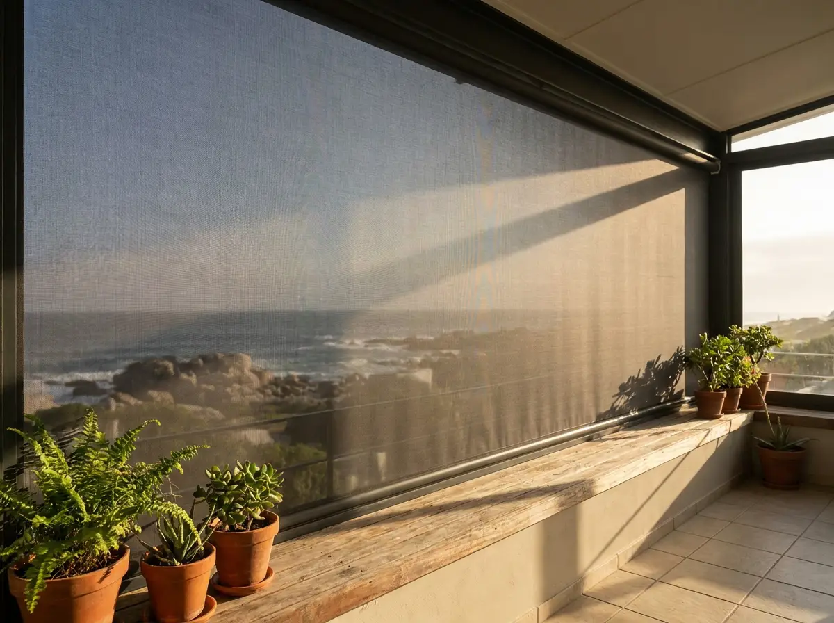 Zip screen mesh enclosing a sunroom, filtering bright afternoon light with potted plants on the sill