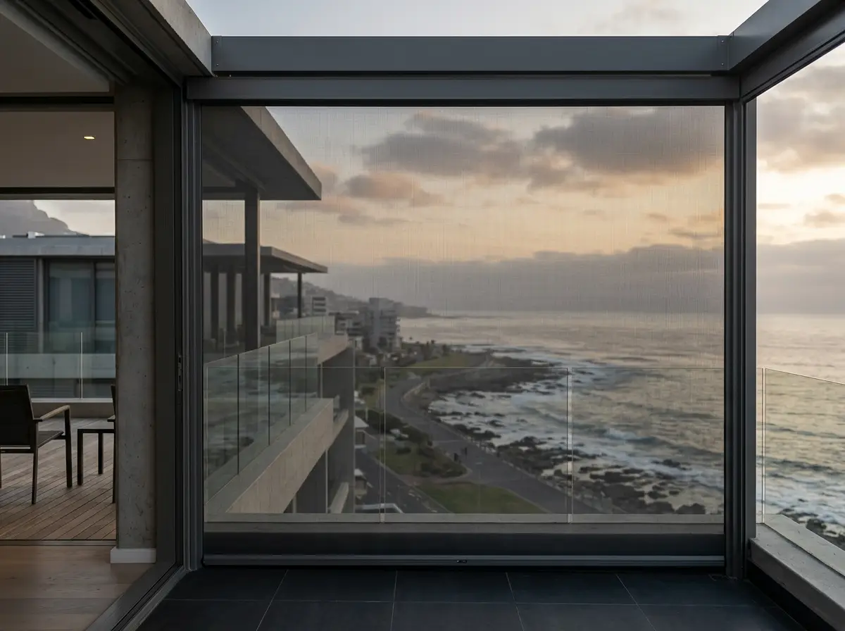 Zip screen mesh lowered across a Sea Point rooftop terrace, ocean haze in the background